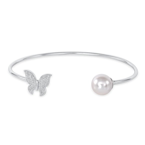 Silver 925 Rhodium Plated White Pearl and Butterfly Clear Cubic Zirconia Bangle